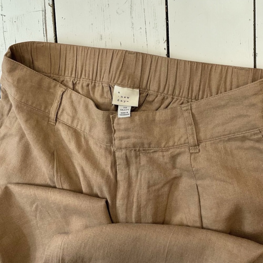 A New Day Linen Blend Cropped Pants Tan Wide Leg Pull On Size 10 Short - Picture 6 of 11